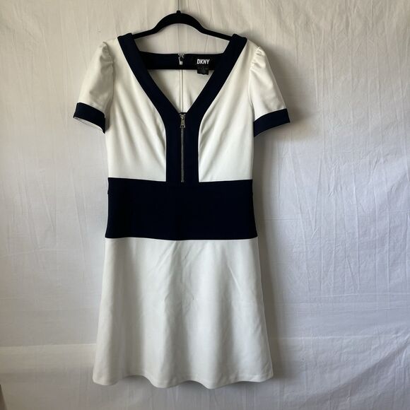 DKNY size 8 Colorblocked Zip front Fit & flare knee length dress Navy White - Picture 2 of 7